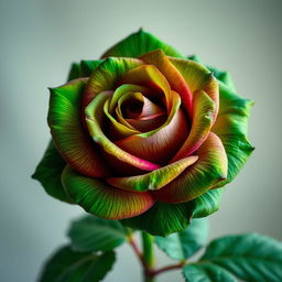 A vibrant, deep green rose, displaying lush petals with rich textures, set against a contrasting soft background