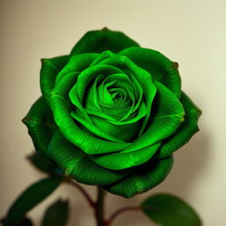 A vibrant, deep green rose, displaying lush petals with rich textures, set against a contrasting soft background