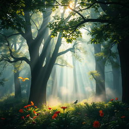 A breathtaking scene showcasing the beauty of incredible light filtering through the branches of towering trees in an enchanted forest