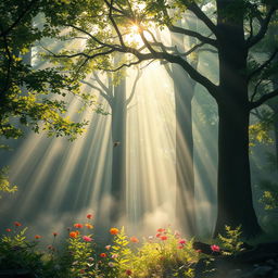 A breathtaking scene showcasing the beauty of incredible light filtering through the branches of towering trees in an enchanted forest