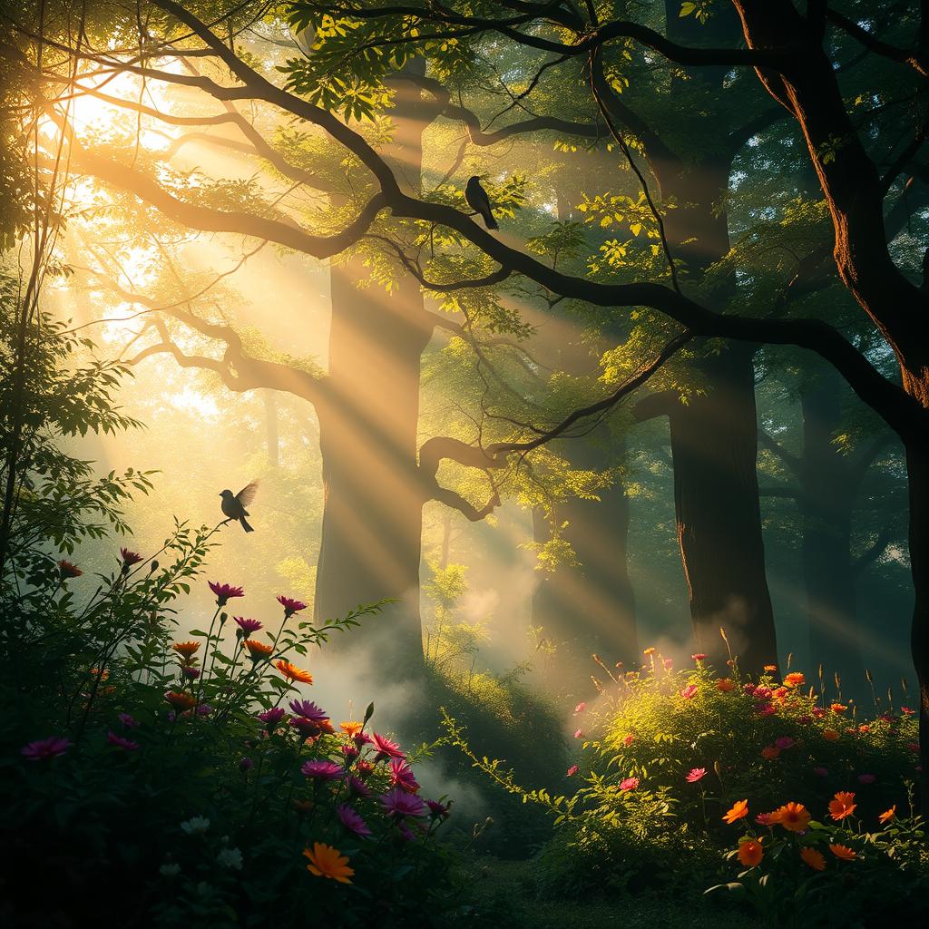 A breathtaking scene showcasing the beauty of incredible light filtering through the branches of towering trees in an enchanted forest