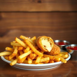 A delightful background image featuring a beautifully arranged plate of crispy French fries and golden cheese sticks