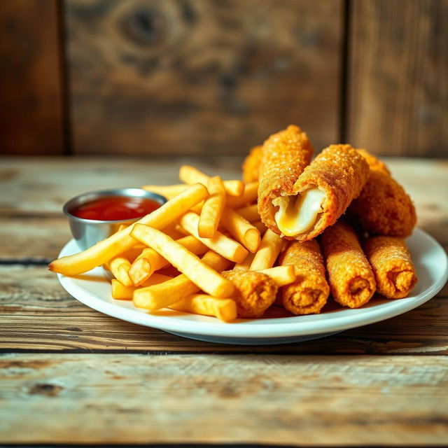 A delightful background image featuring a beautifully arranged plate of crispy French fries and golden cheese sticks
