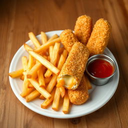 A delightful background image featuring a beautifully arranged plate of crispy French fries and golden cheese sticks