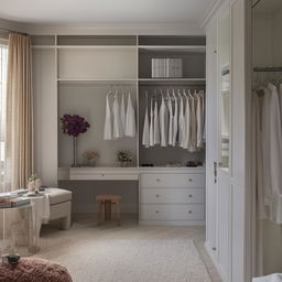 A panoramic view of an elegantly styled bedroom, complete with a large walk-in closet, a practical study table, and a sturdy small book rack brimming with an array of books.