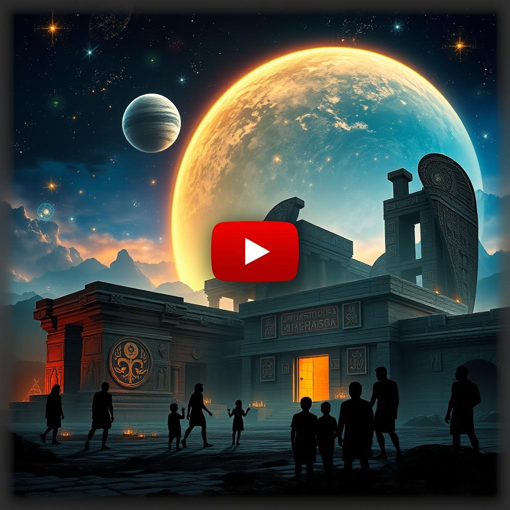 A captivating YouTube thumbnail depicting the enigmatic Anunnaki, featuring an otherworldly and vibrant background of Nibiru in the night sky, glowing stars, and cosmic phenomena