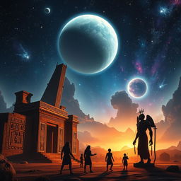 A captivating YouTube thumbnail depicting the enigmatic Anunnaki, featuring an otherworldly and vibrant background of Nibiru in the night sky, glowing stars, and cosmic phenomena