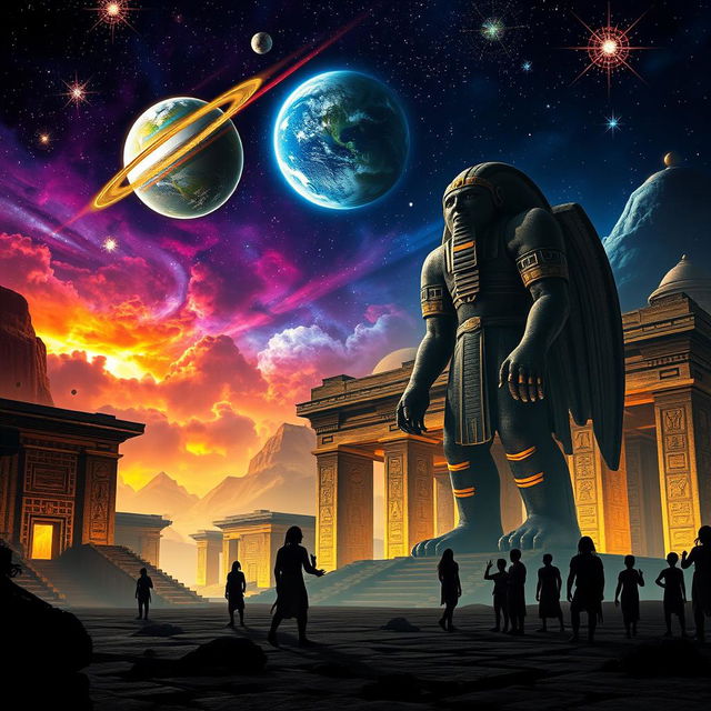 A captivating YouTube thumbnail depicting the enigmatic Anunnaki, featuring an otherworldly and vibrant background of Nibiru in the night sky, glowing stars, and cosmic phenomena