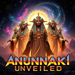 Anunnaki theme for a YouTube thumbnail, featuring stylized depictions of ancient aliens, with iconic elements including pyramids, starry skies, and futuristic technology
