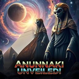 Anunnaki theme for a YouTube thumbnail, featuring stylized depictions of ancient aliens, with iconic elements including pyramids, starry skies, and futuristic technology