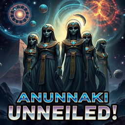 Anunnaki theme for a YouTube thumbnail, featuring stylized depictions of ancient aliens, with iconic elements including pyramids, starry skies, and futuristic technology