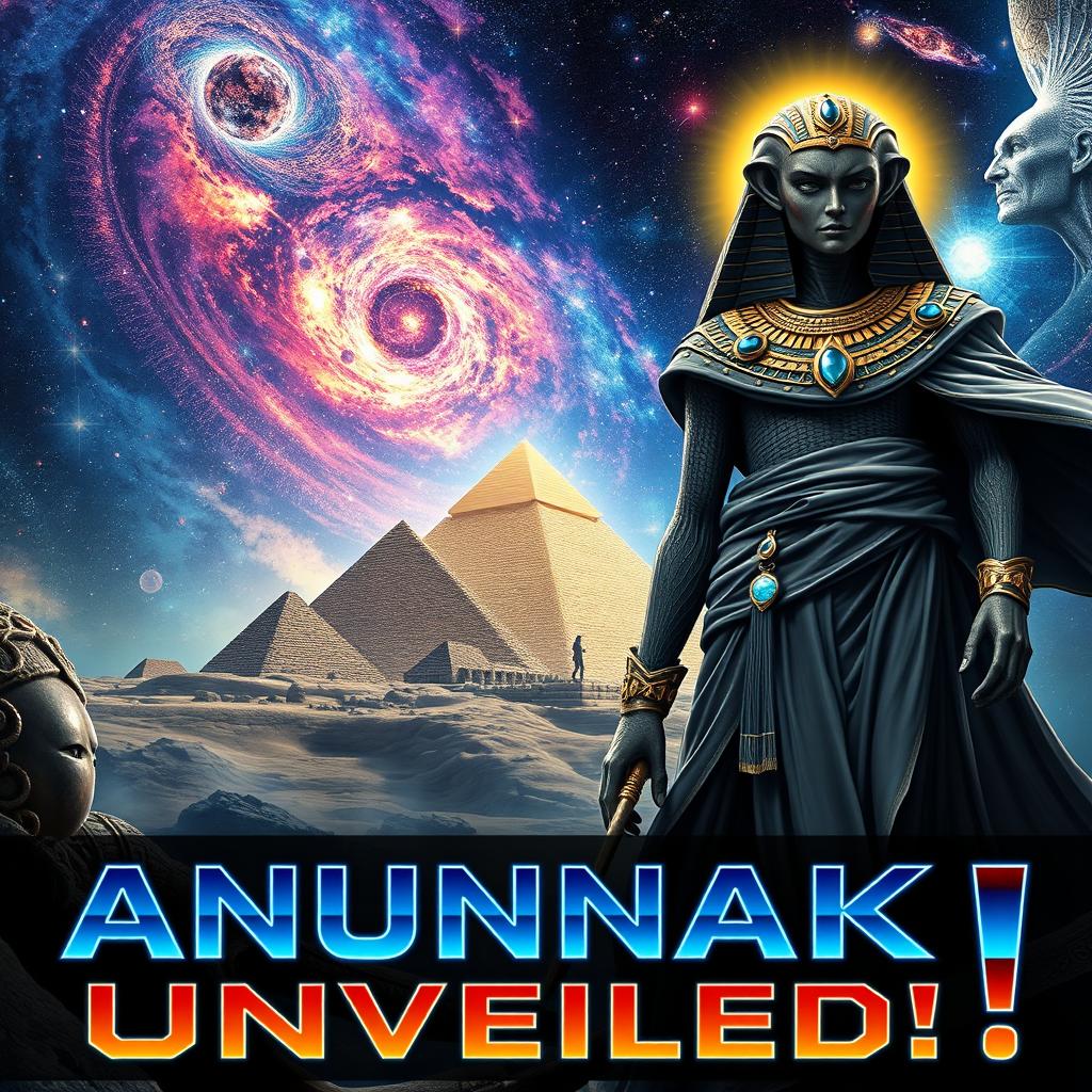 Anunnaki theme for a YouTube thumbnail, featuring stylized depictions of ancient aliens, with iconic elements including pyramids, starry skies, and futuristic technology