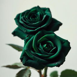 Two beautiful, intense dark green roses, showcasing their intricate petal textures and vivid colors, set against a soft, blurred background that highlights their elegance
