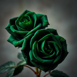 Two beautiful, intense dark green roses, showcasing their intricate petal textures and vivid colors, set against a soft, blurred background that highlights their elegance