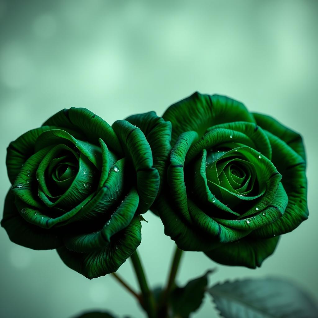 Two beautiful, intense dark green roses, showcasing their intricate petal textures and vivid colors, set against a soft, blurred background that highlights their elegance