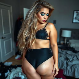 A captivating image of a curvy and thick 18-year-old girl with very thick, long, messy dirty blonde hair
