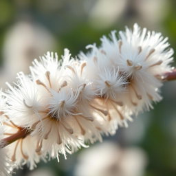A highly detailed and vibrant close-up of a beautiful and healthy flower known as a "pussy willow," showcasing its soft, fluffy catkins