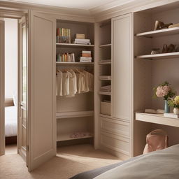 A panoramic view of an elegantly styled bedroom, complete with a large walk-in closet, a practical study table, and a sturdy small book rack brimming with an array of books.