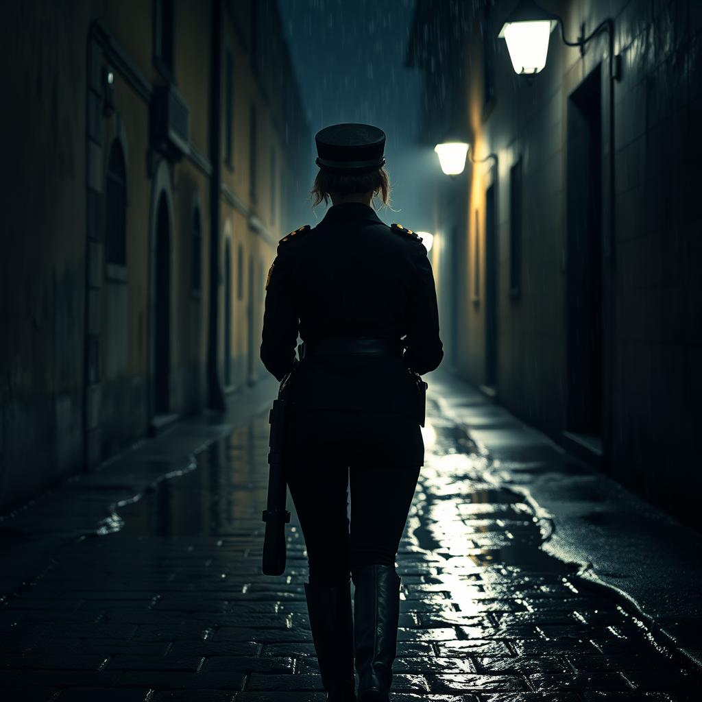 A scene capturing the rear view of a policewoman walking alone down a dark alley at night on a rainy day