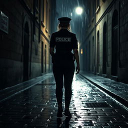 A scene capturing the rear view of a policewoman walking alone down a dark alley at night on a rainy day