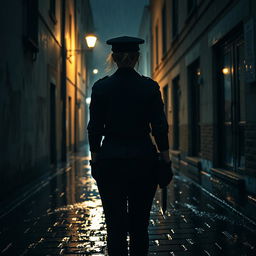 A scene capturing the rear view of a policewoman walking alone down a dark alley at night on a rainy day