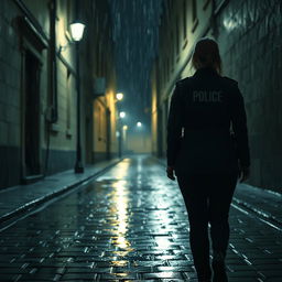 A scene capturing the rear view of a policewoman walking alone down a dark alley at night on a rainy day