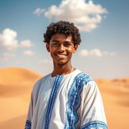 A portrait of a Mauritanian young man, standing confidently with a warm smile