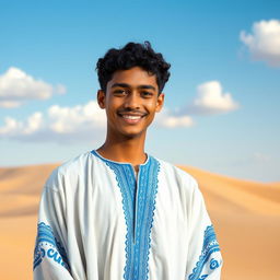 A portrait of a Mauritanian young man, standing confidently with a warm smile