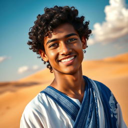 A portrait of a Mauritanian young man, standing confidently with a warm smile