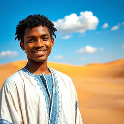 A portrait of a Mauritanian young man, standing confidently with a warm smile