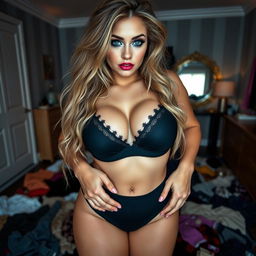 A captivating full-color photograph of a sexy, beautiful, and curvy 18-year-old girl with thick, long, messy dirty blonde hair