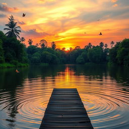 A serene landscape showcasing a vibrant sunset over a tranquil lake, surrounded by lush greenery and tall, swaying trees
