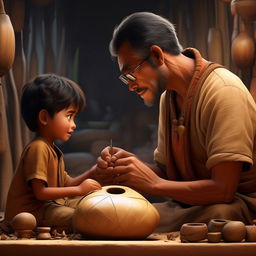 Create a Disney Pixar style movie poster featuring a father tenderly teaching his young son how to carve a tamtam. The image is full of emotion, care, and cultural traditions being passed down.