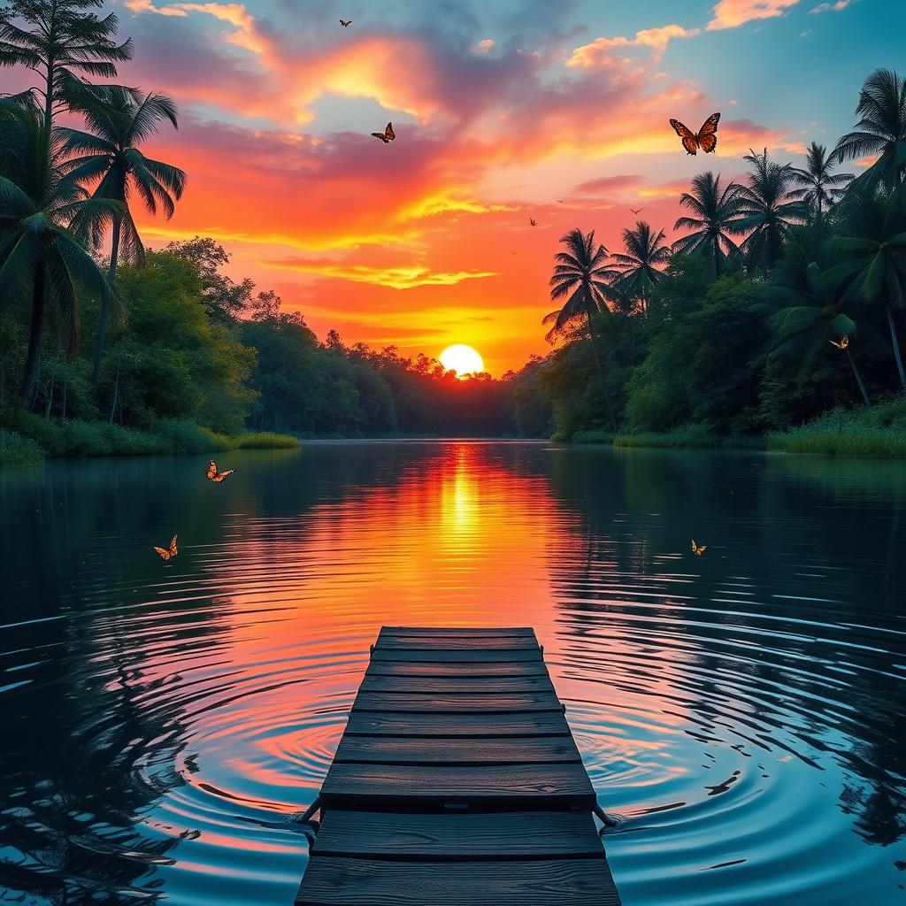 A serene landscape showcasing a vibrant sunset over a tranquil lake, surrounded by lush greenery and tall, swaying trees