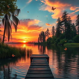 A serene landscape showcasing a vibrant sunset over a tranquil lake, surrounded by lush greenery and tall, swaying trees