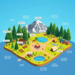 A detailed illustration of a beautifully designed campsite, showcasing various features for entertainment and facilities for campers