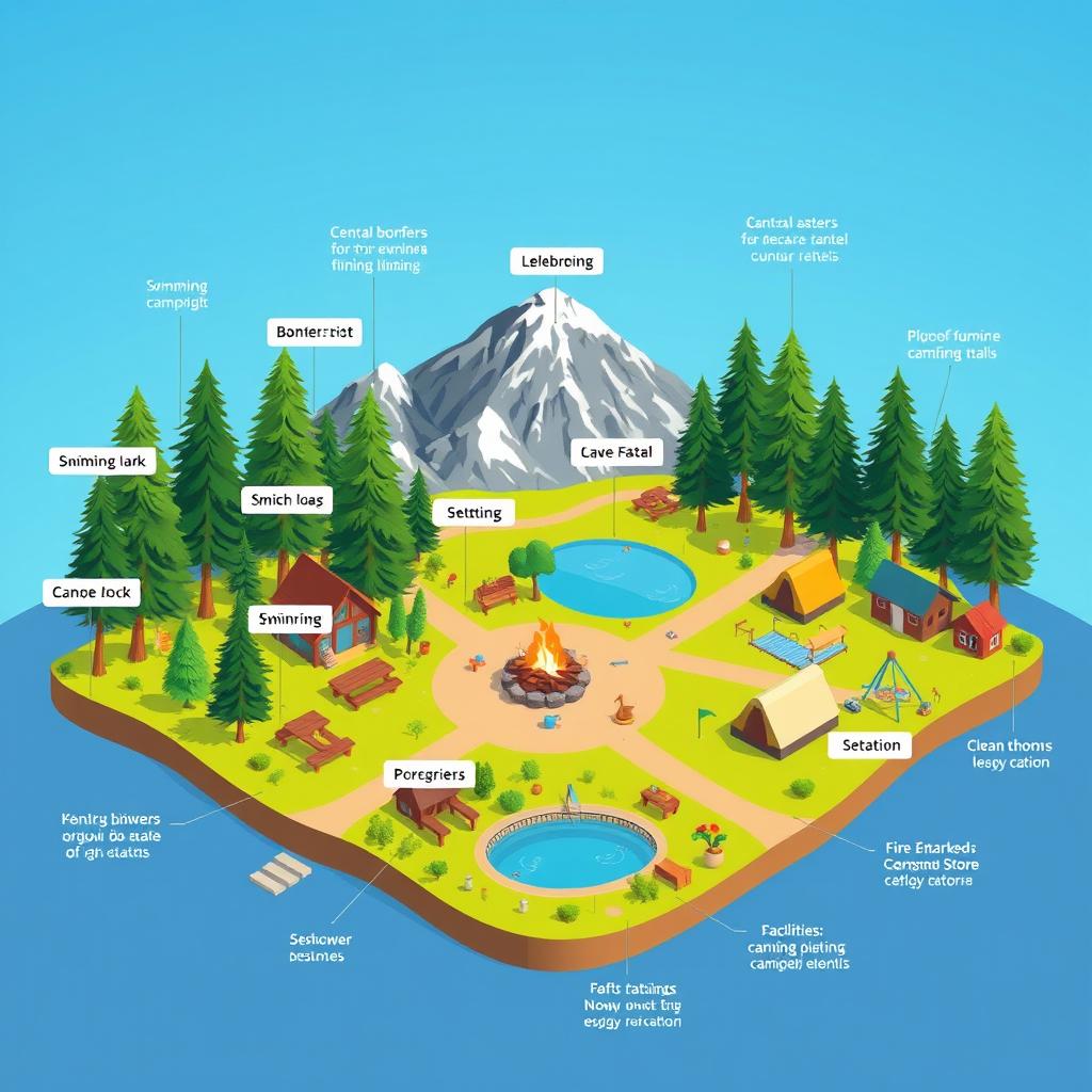 A detailed illustration of a beautifully designed campsite, showcasing various features for entertainment and facilities for campers