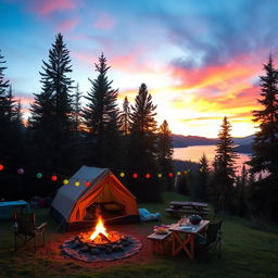 A picturesque campsite set in a lush green forest, featuring a cozy tent with a campfire in front, surrounded by tall pine trees
