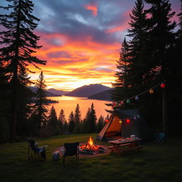 A picturesque campsite set in a lush green forest, featuring a cozy tent with a campfire in front, surrounded by tall pine trees