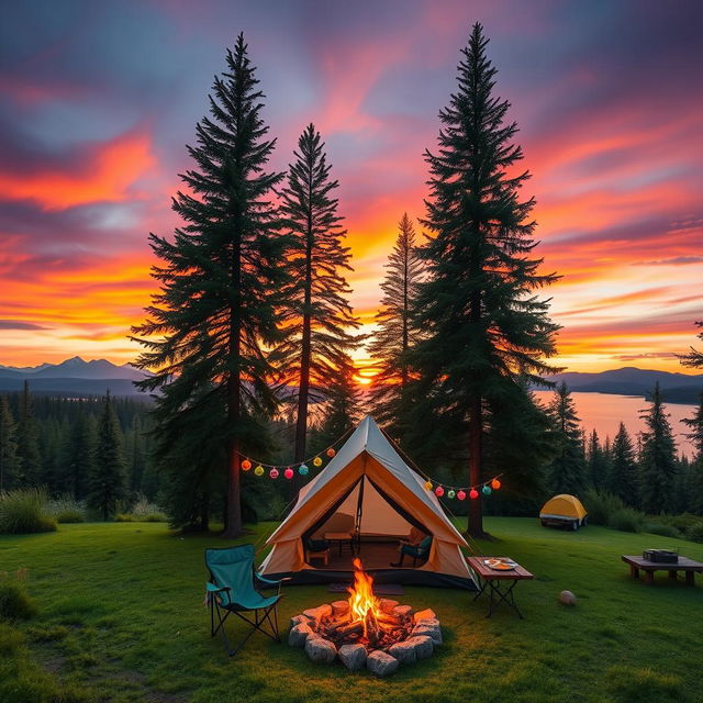 A picturesque campsite set in a lush green forest, featuring a cozy tent with a campfire in front, surrounded by tall pine trees