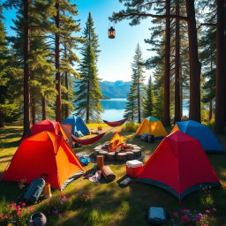A picturesque campsite set in a lush green forest, featuring multiple tents of various colors such as red, blue, and yellow, surrounded by tall pine trees