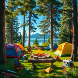 A picturesque campsite set in a lush green forest, featuring multiple tents of various colors such as red, blue, and yellow, surrounded by tall pine trees