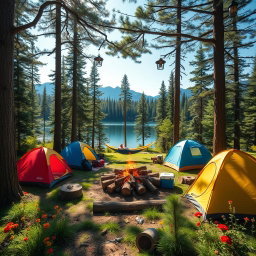 A picturesque campsite set in a lush green forest, featuring multiple tents of various colors such as red, blue, and yellow, surrounded by tall pine trees
