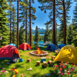 A picturesque campsite set in a lush green forest, featuring multiple tents of various colors such as red, blue, and yellow, surrounded by tall pine trees