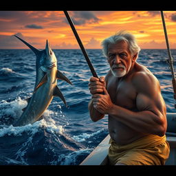 A poignant scene depicting an aging fisherman named Santiago at sea, struggling to catch a giant marlin