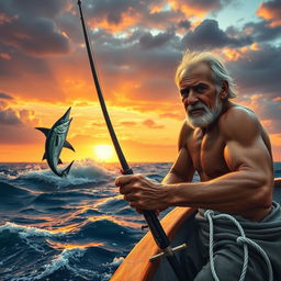 A poignant scene depicting an aging fisherman named Santiago at sea, struggling to catch a giant marlin
