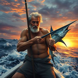 A poignant scene depicting an aging fisherman named Santiago at sea, struggling to catch a giant marlin