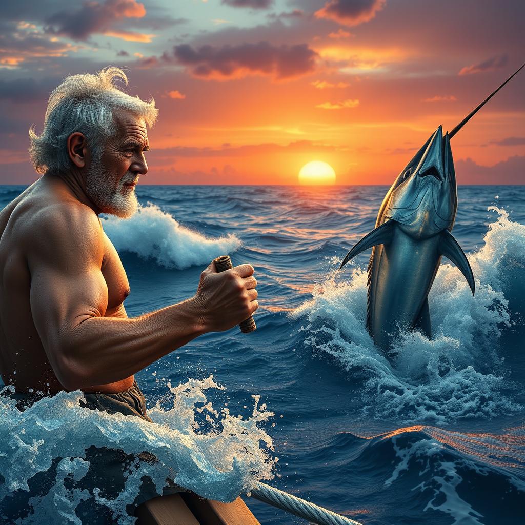 A poignant scene depicting an aging fisherman named Santiago at sea, struggling to catch a giant marlin