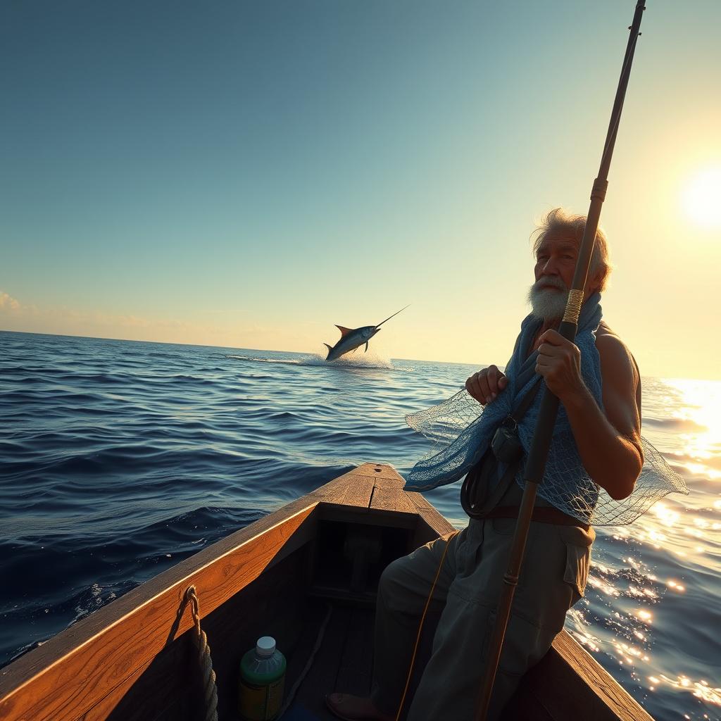 An evocative scene featuring Santiago, an aging fisherman with weathered skin and a determined expression, standing on a small wooden boat in the vast ocean