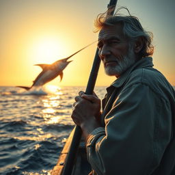 An evocative scene featuring Santiago, an aging fisherman with weathered skin and a determined expression, standing on a small wooden boat in the vast ocean